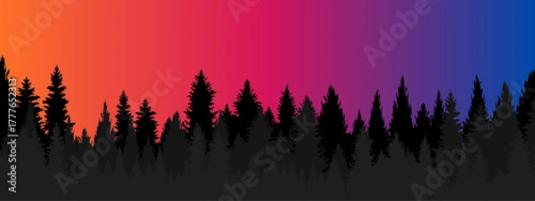 Obraz Sunset forest silhouette, vibrant orange and purple gradient sky, pine trees landscape vector banner