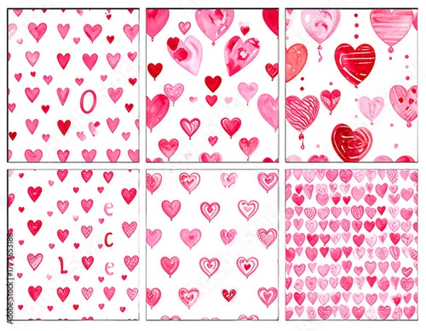 Obraz A collection of six seamless patterns featuring watercolor hearts, balloons, and scattered lettering in shades of pink and red against a white backdrop