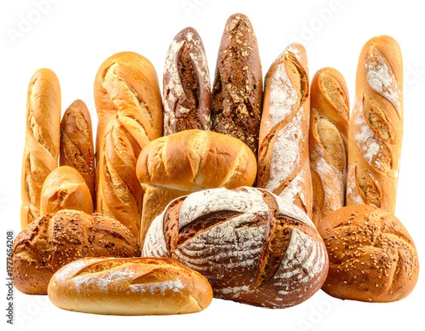 Obraz A collection of various golden-brown loaves of bread, baguettes, and round artisanal breads arranged together