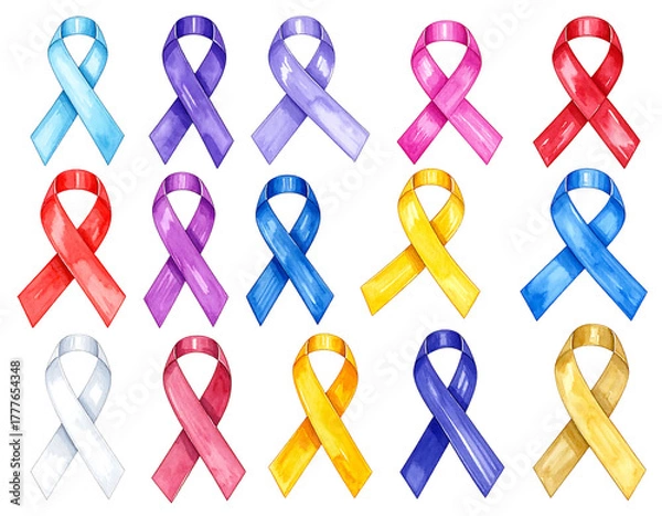 Obraz A collection of watercolor-style awareness ribbons in various colors against a stark black background