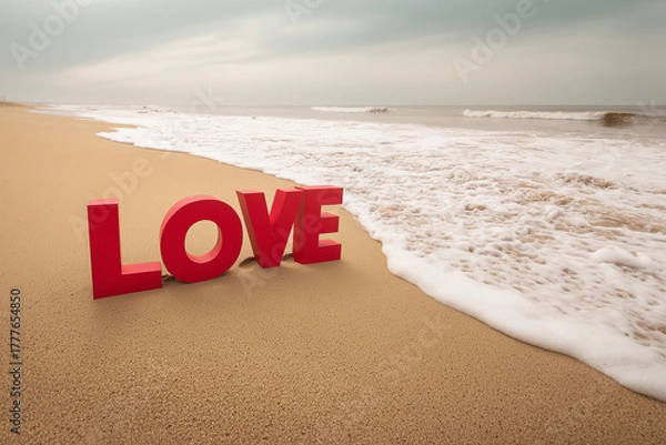Obraz Red "LOVE" Word Sign on a Serene Sandy Beach with Ocean Waves - Romance and Valentine's Day Concept