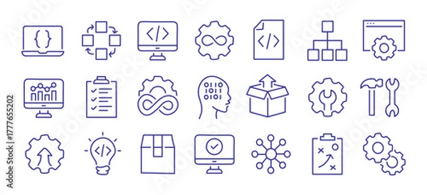 Obraz DevOps methodology and software development concept editable stroke outline icons set isolated on white background flat vector illustration. Pixel perfect. 64 x 64.