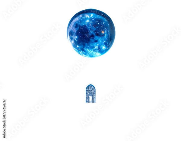 Obraz A cosmic orb, resembling a planet with nebulae, floats above an ornate, architectural doorway against a stark black background