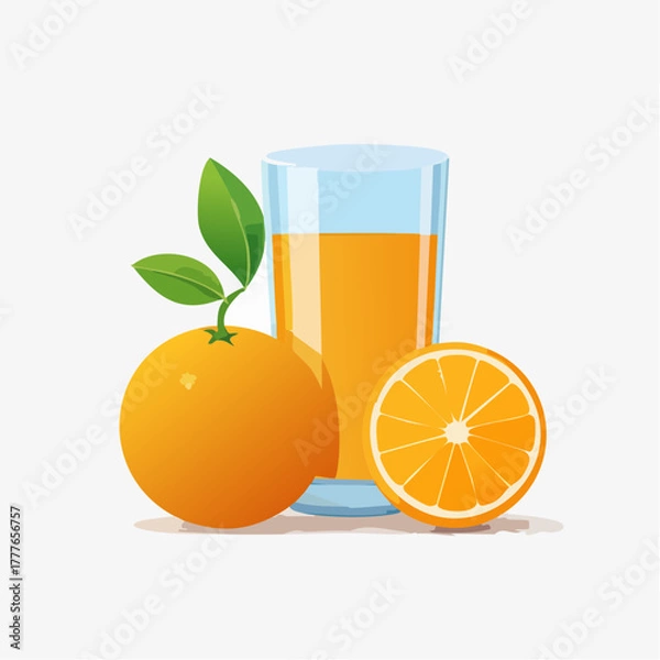 Obraz Verre de jus d'orange, orange entière, orange coupée, le plein de vitamines C ! Isolé sur fond blanc