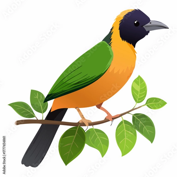 Obraz Magnifique oiseau tropical sur sa branche, isolé sur fond blanc, coloré vert, jaune, violet