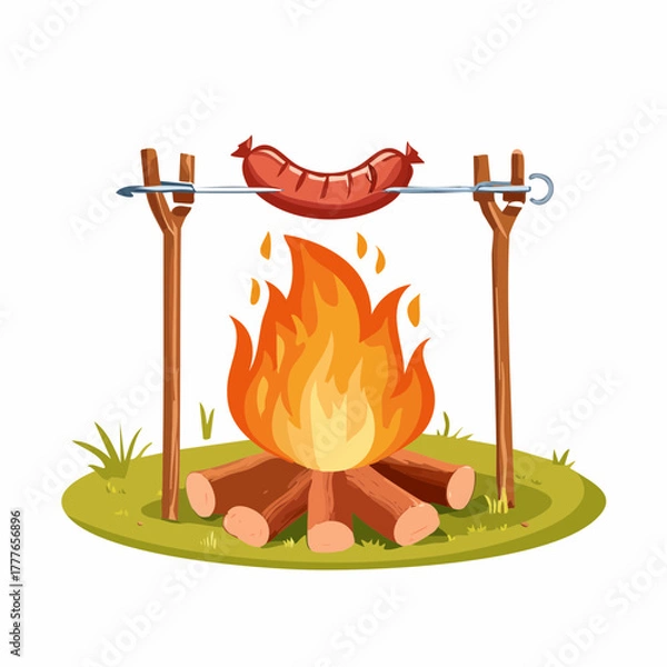Obraz Joli petit feu de camp, avec une saucisse en train de griller sur une broche