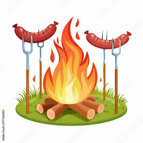 Obraz Joli petit feu de camp, avec une saucisse en train de griller sur une broche