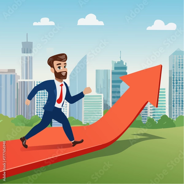 Obraz Un homme d'affaire qui court le long d'une courbe graphique rouge ascendante en forme de flèche, en arrière plan une ville moderne constituée de gratte-ciels, concept hausse, tendance, croissance