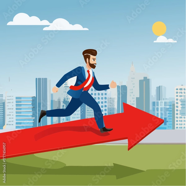 Obraz Un homme d'affaire qui court le long d'une courbe graphique rouge ascendante en forme de flèche, en arrière plan une ville moderne constituée de gratte-ciels, concept hausse, tendance, croissance