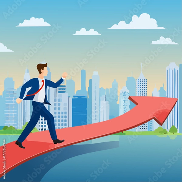 Obraz Un homme d'affaire qui court le long d'une courbe graphique rouge ascendante en forme de flèche, en arrière plan une ville moderne constituée de gratte-ciels, concept hausse, tendance, croissance