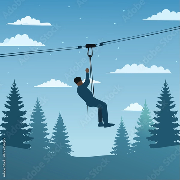 Obraz Homme suspendu dans le vide à une tyrolienne, sapins, vallée, impressionnant, sport extrême, loisir