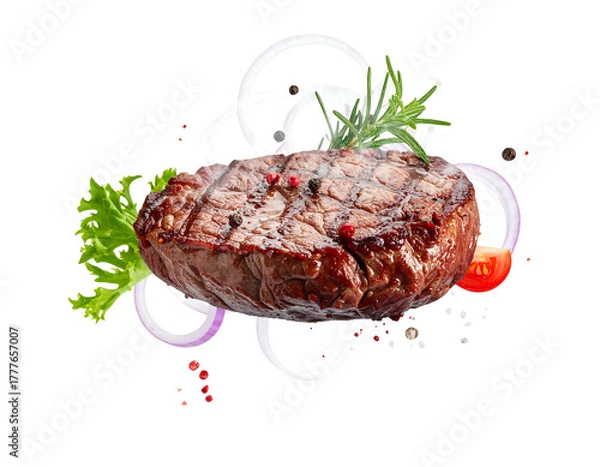 Obraz A cooked cut of beef with grill marks, surrounded by ingredients, like onion rings, rosemary, and peppercorns