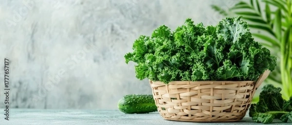 Fototapeta Fresh green kale and cucumber in woven basket on textured surface reflecting healthy eating and natural bounty.