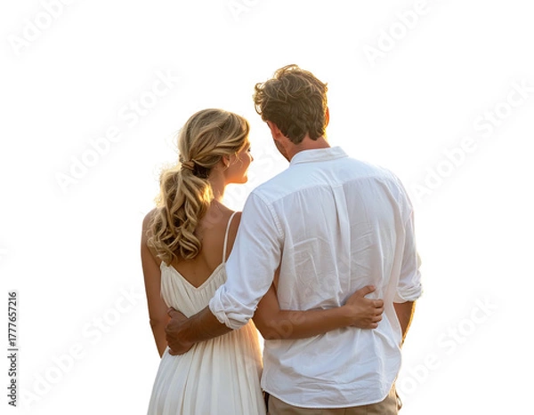 Obraz A couple, embracing, watches a sunset. The man's arm rests around the woman, with golden light in the backdrop