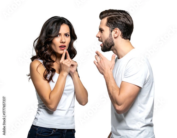 Obraz A couple, dressed in white tops, appears to be in an argument, with gestures of surprise, concern, and anger