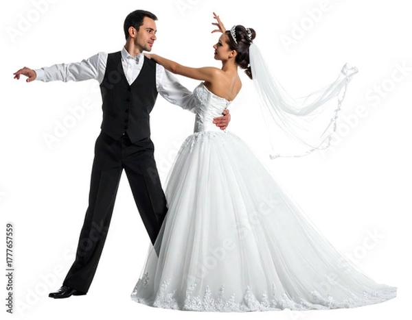 Obraz A couple in formal attire gracefully dances, the woman wearing a flowing white gown and veil. The man dons a suit