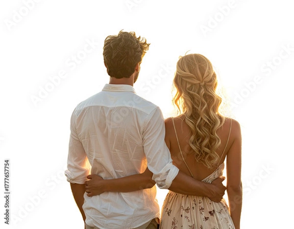 Obraz A couple, viewed from behind, embraces, gazing towards a radiant, sunlit horizon, filled with warmth and affection