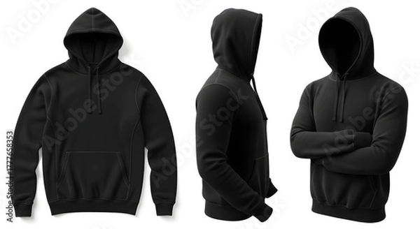 Obraz Blank black hoodie template. Hoodie sweatshirt long sleeve with clipping path, hoody for design mockup for print, isolated on transparent background.