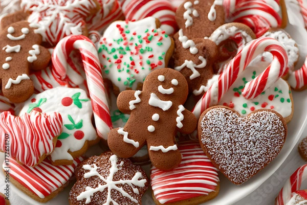 Fototapeta Festive Christmas cookie assortment featuring gingerbread men, candy canes, and holiday desserts.