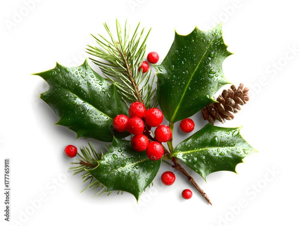 Obraz Holly leaves with red berries and pine sprigs, festive winter decoration, isolated on white background.