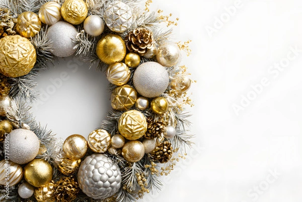 Obraz Modern Christmas wreath adorned with geometric gold and silver ornaments.