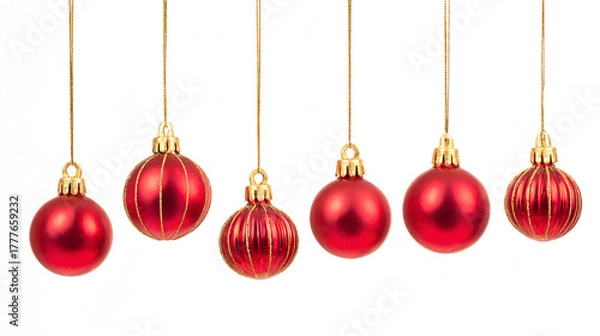 Fototapeta Red Christmas decorations with golden tops, glossy holiday ornaments hanging, isolated on white background.