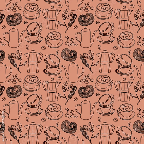 Fototapeta Seamless contour coffee pattern with cups, beans, pots, pastries, and coffee branches. Cozy design perfect for café menus, packaging, textiles, scrapbooking,  wrapping paper, textile and fabric.