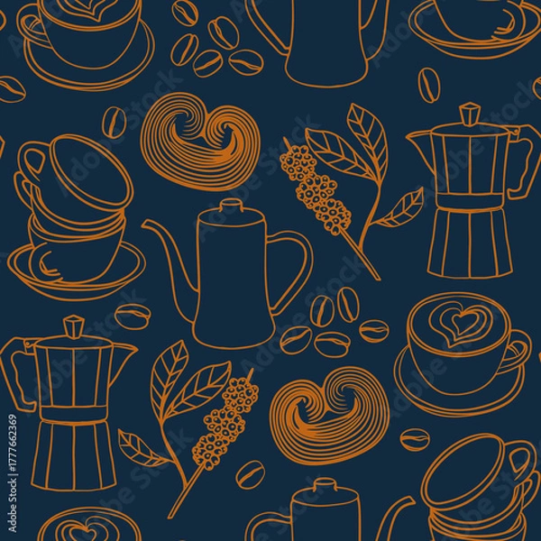 Fototapeta Seamless contour coffee pattern with cups, beans, pots, pastries, and coffee branches. Cozy design perfect for café menus, packaging, textiles, scrapbooking,  wrapping paper, textile and fabric.
