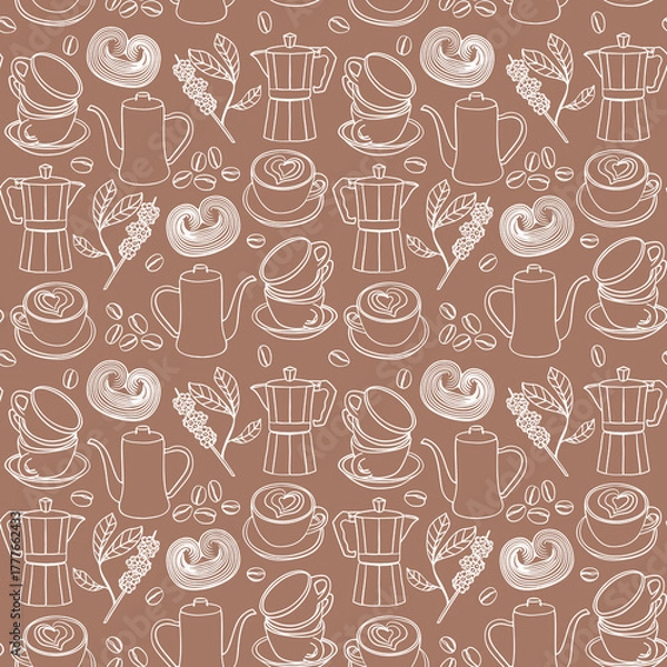 Fototapeta Seamless contour coffee pattern with cups, beans, pots, pastries, and coffee branches. Cozy design perfect for café menus, packaging, textiles, scrapbooking,  wrapping paper, textile and fabric.