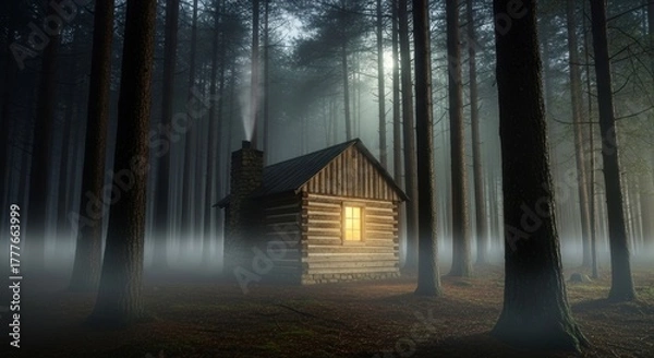 Obraz Secluded log cabin nestled amidst towering trees in a misty forest aura