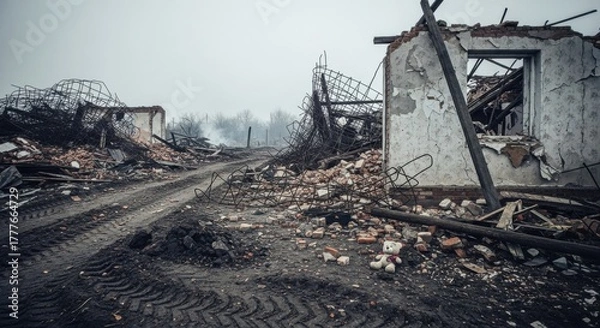 Obraz Devastation aftermath showcasing destruction and resilience with lone teddy bear