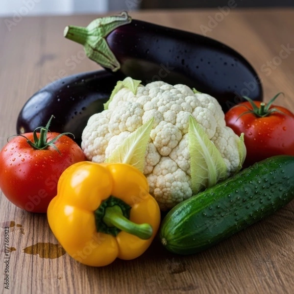 Fototapeta Composition of Fresh Vegetables on Wooden Surface Close Up Still Life