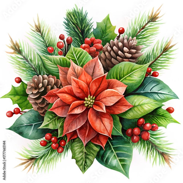 Obraz Watercolor Christmas and holiday season with red berries and pine  on white background