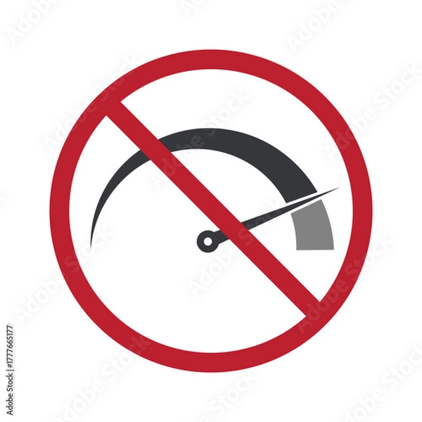 Fototapeta Isolated prohibition sign showing a speedometer with needle on high speed, symbol of no overspeeding and vehicle safety warning.