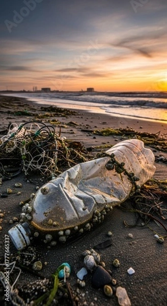 Fototapeta Environmental pollution with plastic bottle on the sandy beach at dawn