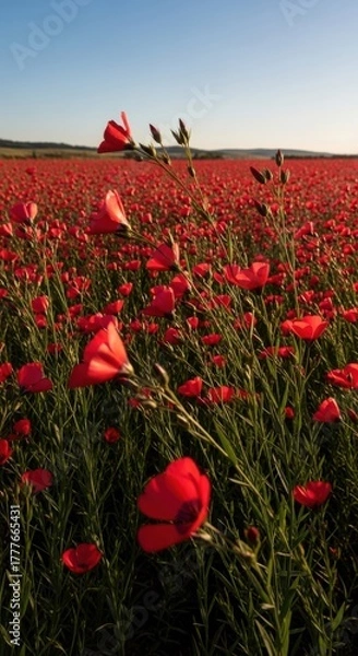 Obraz Vibrant Red Flax Flowers Blooming in a Field on a Sunny Day Scenery