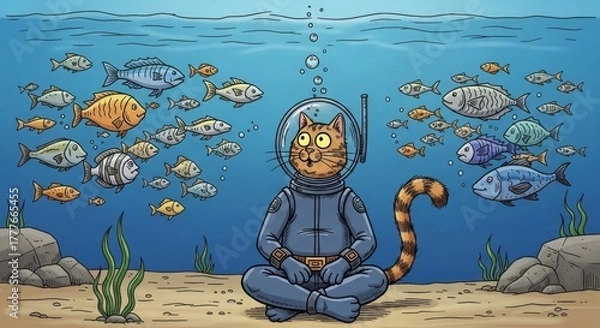 Obraz A whimsical feline explorer in a diving suit amid the underwater world