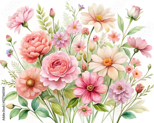 Obraz Watercolor garden flowers in soft pink tones, white canvas
