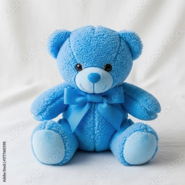 Fototapeta Blue fluffy teddy bear with a bow sitting on a white backdrop studio