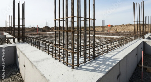 Fototapeta Architectural detail of a newly poured concrete foundation for a house, with visible steel rebar extending upwards. The site is clean and orderly, representing the beginning of construction. Foundatio