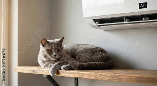 Obraz Relaxed british shorthair cat enjoys air conditioning on a wooden shelf