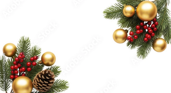 Fototapeta  Festive Christmas pine branches with gold ornaments red berries pine cone on a transparent background, PNG image, PNG file