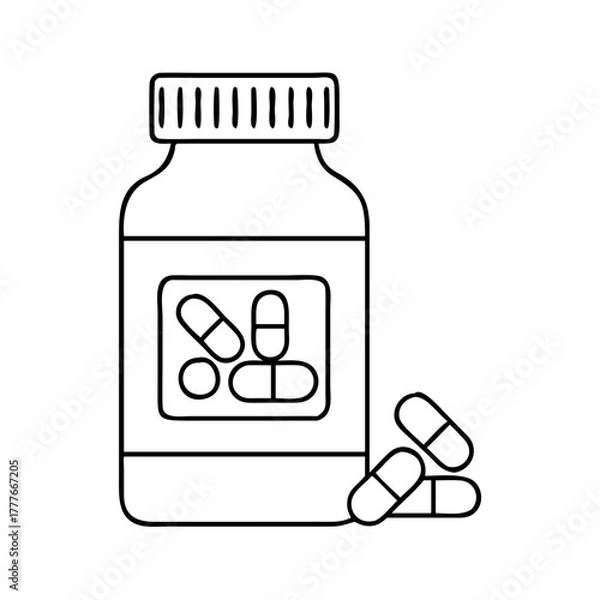 Fototapeta A black and white line drawing of a medicine bottle with pills inside and scattered outside