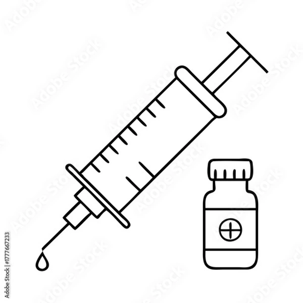 Obraz A simple line art illustration of a medical syringe with a drop of liquid falling from its needle, next to a small vial with a plus symbol on its label