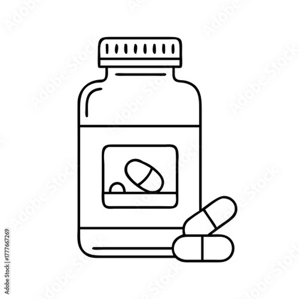 Fototapeta A black and white outline illustration of a medicine bottle with pills