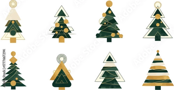 Fototapeta Modern geometric Christmas tree set. Abstract minimalist gold and green holiday vector illustration collection.
