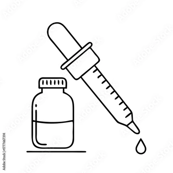 Obraz A black and white line drawing of a dropper with a drop of liquid falling, positioned next to a small bottle
