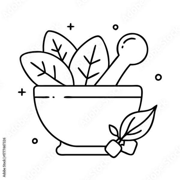 Obraz Mortar and pestle with leaves, representing herbal medicine and natural remedies