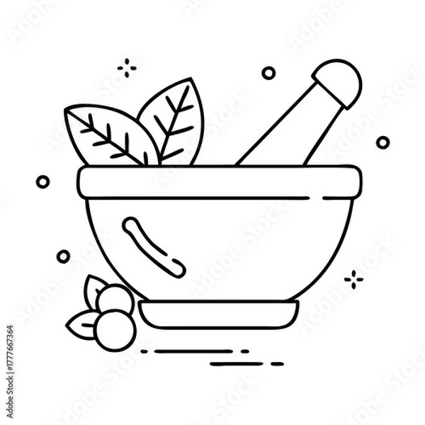 Obraz Mortar and pestle with leaves and berries, representing herbal medicine and natural remedies