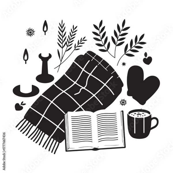 Obraz Minimal Hygge Winter Elements — Cozy Blanket, Hot Drink, and Scandinavian Home Decor Vector